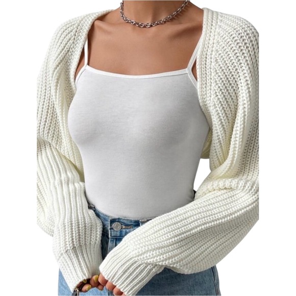 SHEIN Sweaters - SHEIN White Ribbed Knit Cropped Shrug Bolero Sweater Size S yoga pilates capsule